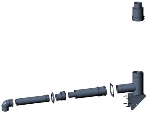 Zusammenbau von Rohren und Zubehörteil für ein Abgassystem, ersichtlich sind verschiedene Rohre, eine Bogenverbindung und ein T-Stück, gefertigt von Wolf.